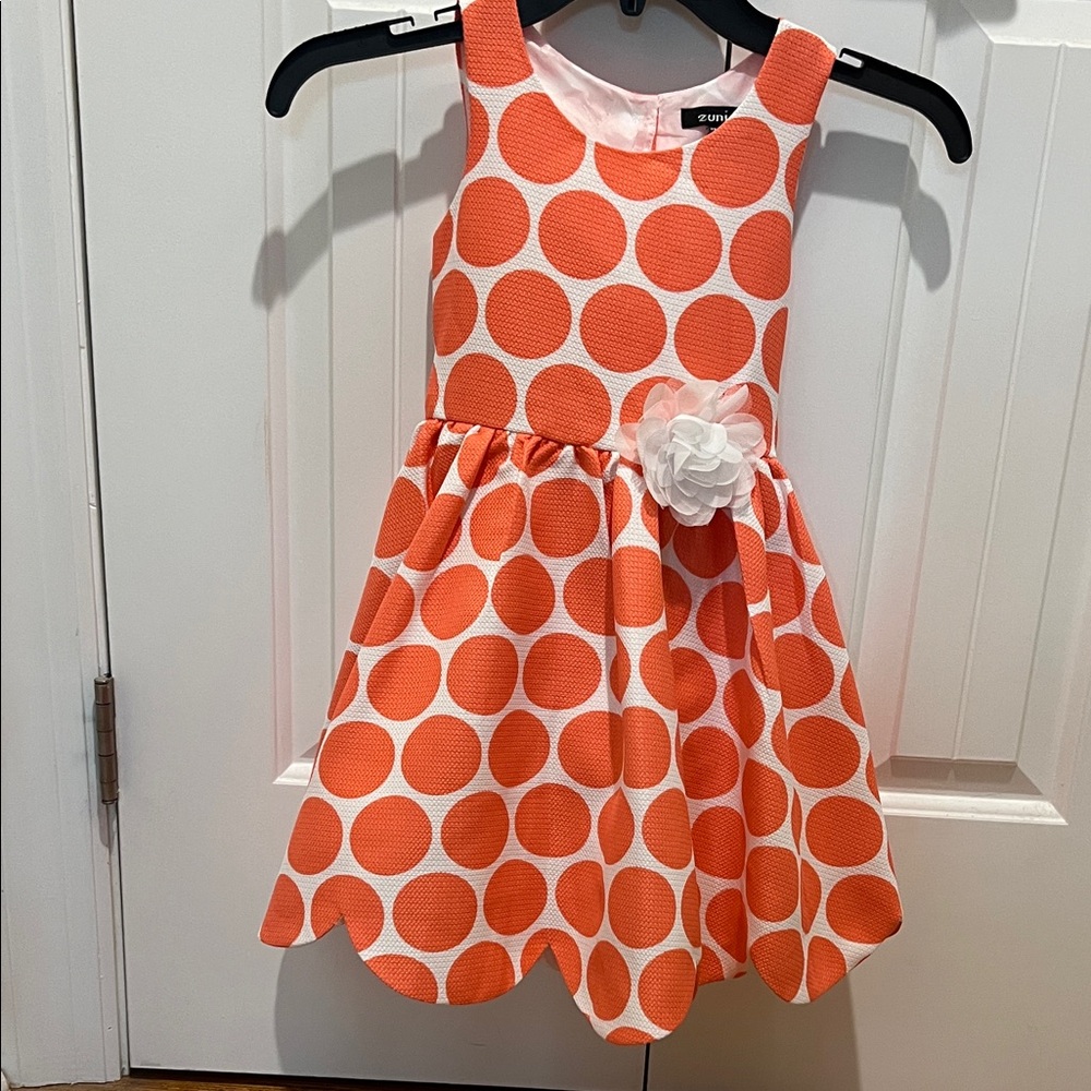 Zunie Vibrant Orange Polka Dot Dress with White Accent